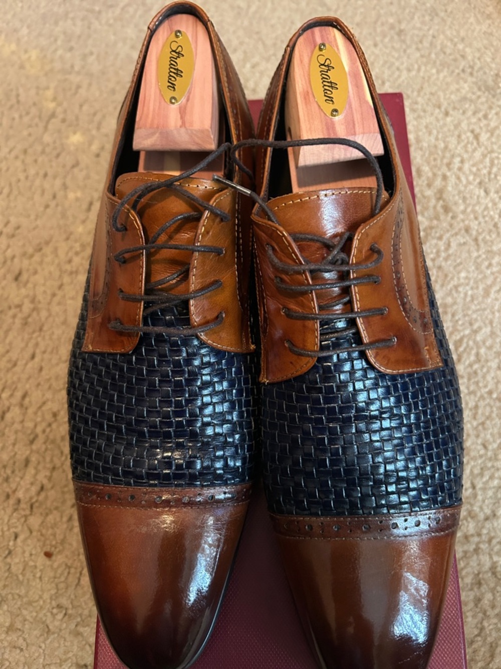 Madison Forte Men’s Two-Tone Brown & Navy Woven Cap-Toe Derby Shoes